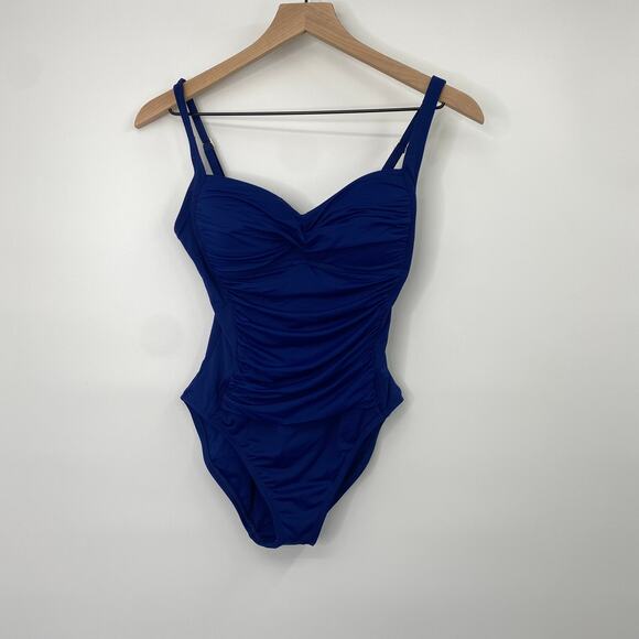 La Blanca Island Goddess Twist Front Shirred One Piece Swimsuit Navy Blue Size 6 - Picture 5 of 8